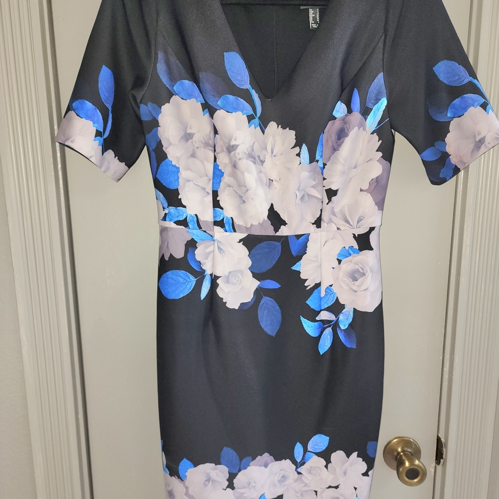 Adrianna Papell Black Dress with Blue Floral Design